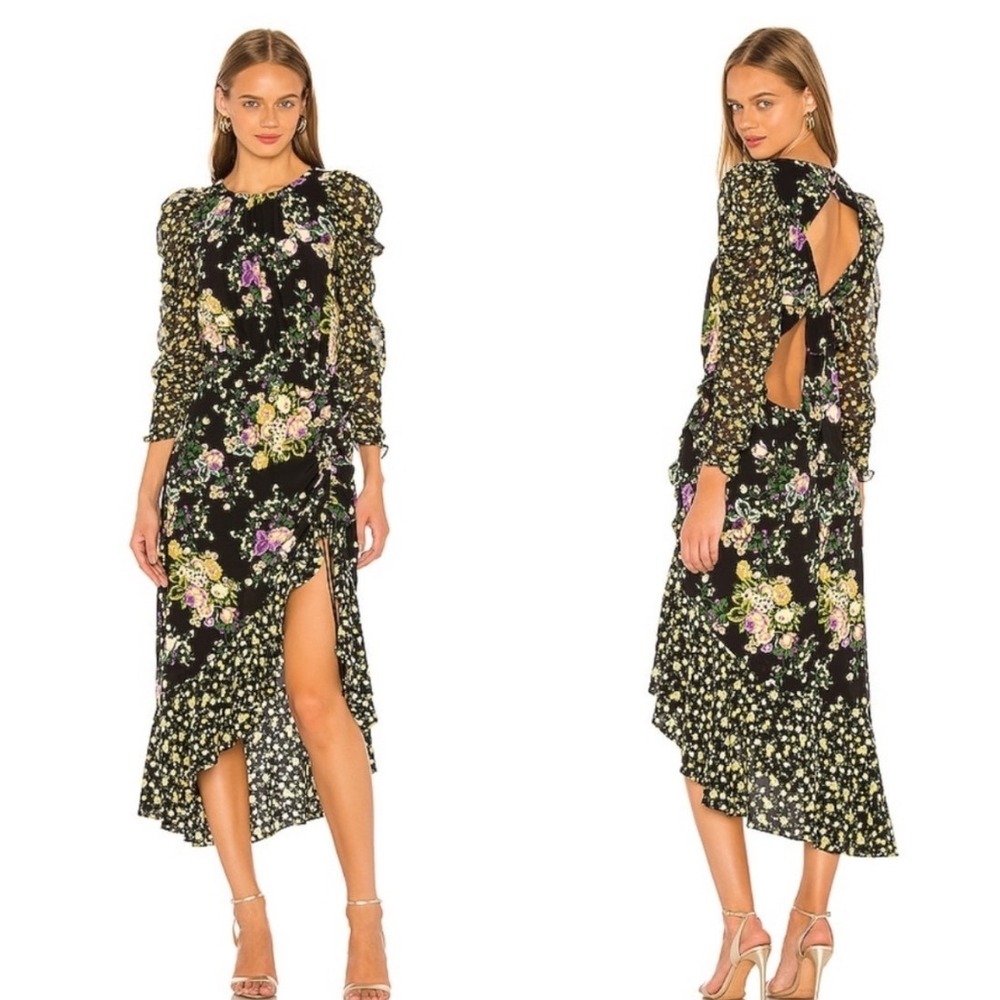 FOR LOVE & LEMONS Ross Midi Dress Floral Ruffle Open Back‎ Size Small